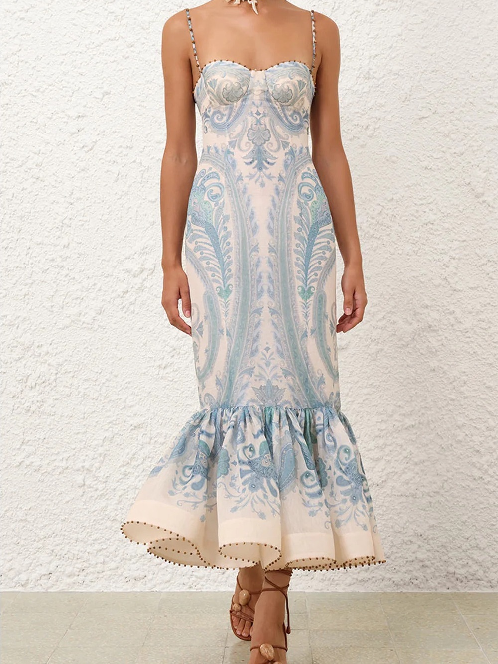 Zimmermann Cream & Light Blue Paisley Spaghetti-Strap Mermaid Dress
